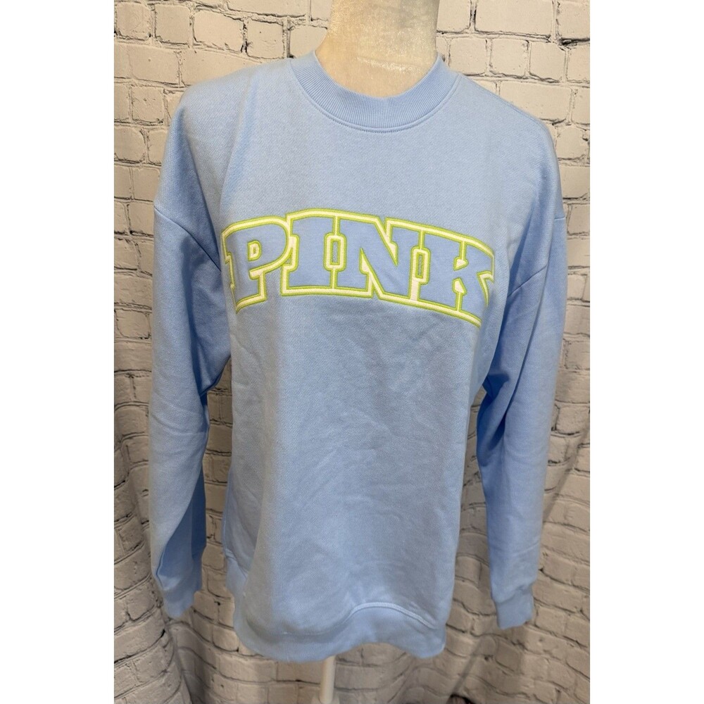 PINK  Victoria Secret Fleece Oversized Sweatshirt Blue Yellow Logo Size XS EUC